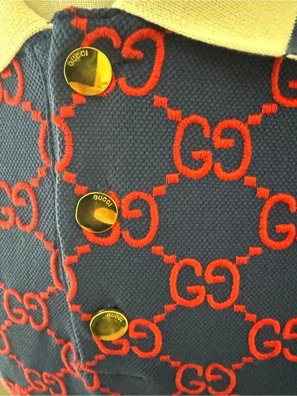 Gucci Navy Polo with Red GG Pattern and Cream Striped Collar